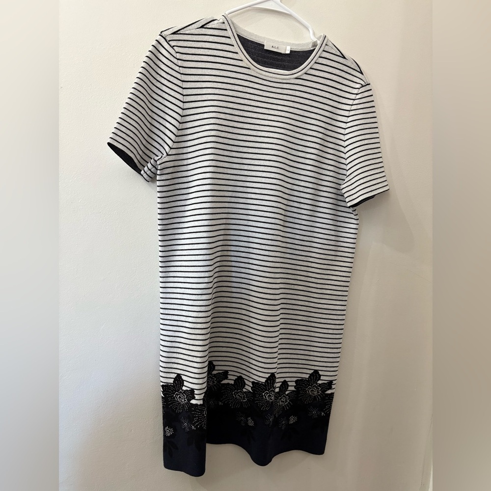 A.L.C. Black and White Knit Shortsleeve dress - large - stripes with floral hem - Picture 1 of 5
